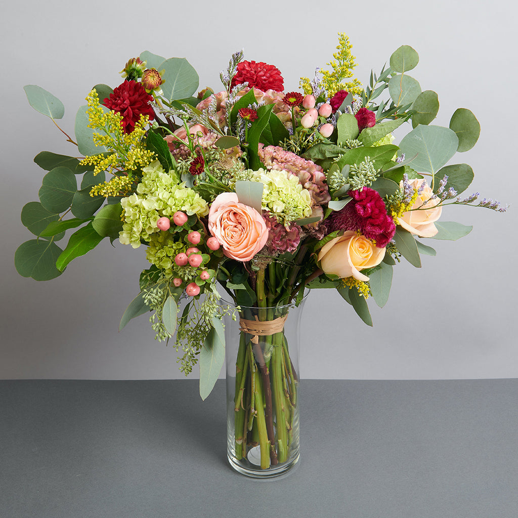 Batch of Green Hydrangeas, Pearl Finesse Roses, Aster, and Mums with Seeded Eucalyptus and Lemon Leaves greeneries.